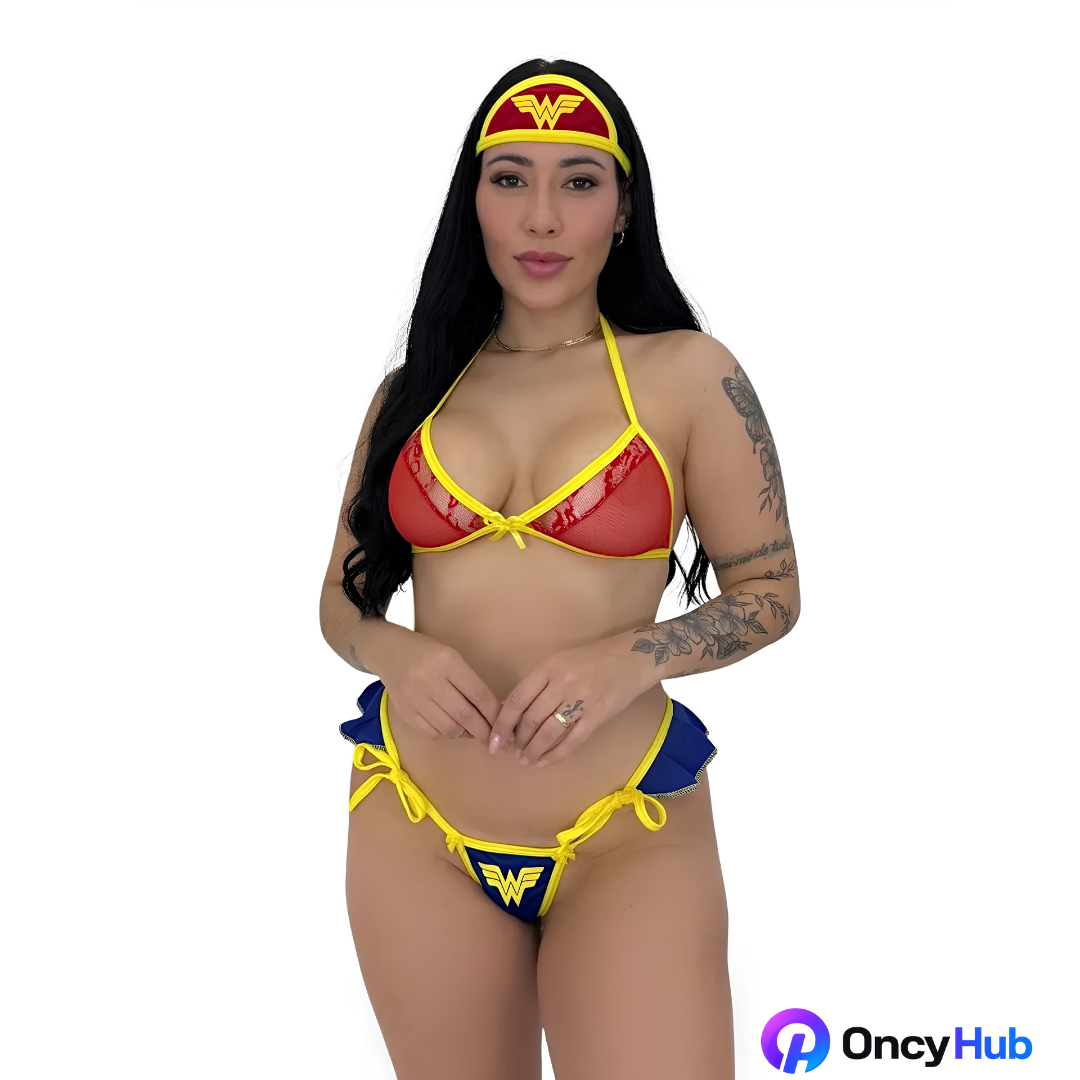 Mini Fantasia Mulher Maravilha com Tiara Sutiã em Tule e Calcinha com Babado